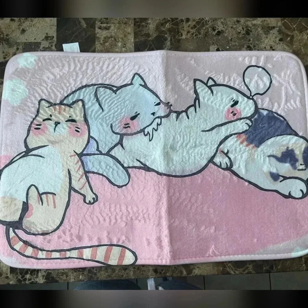 Pink plush bath mat mini rug with sleepy multicolored kittens design home decor